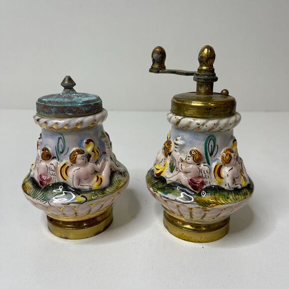 Vintage Salt Shaker And Pepper Grinder Set Porcelain and Brass Made In Italy - Picture 4 of 16